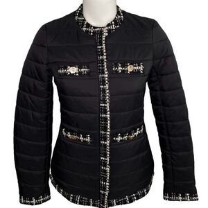 Anne Klein Puffer Jacket Women's XS Black‎ White Tweed Contrast-Trim Buttons NEW